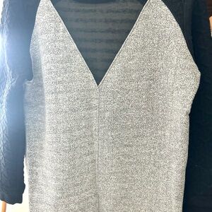 MICHI women’s Crewneck Sweater in Black/Gray. Mesh back V.. knit elevated sl